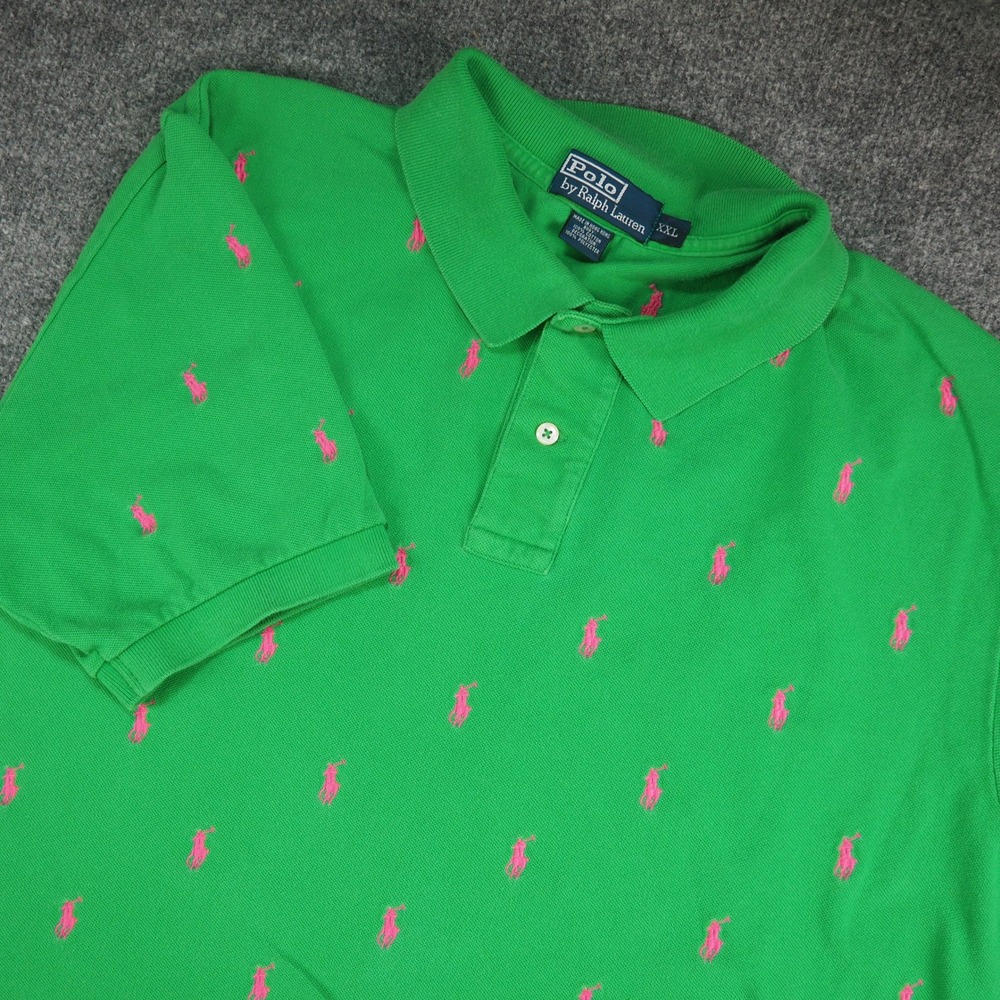 Polo Ralph Lauren Shirt Mens 2XL Polo Green Pink Pony All Over Print Preppy Core